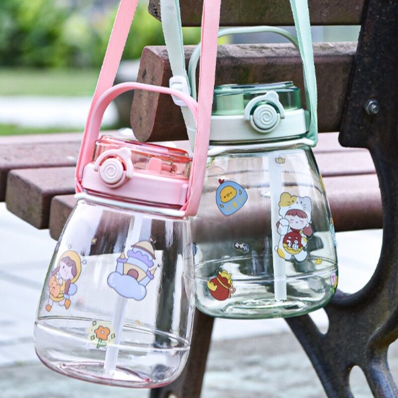 Sticlă de apă cu capacitate mare de 1300 ml, ceașcă portabilă cu apă pentru sport, cu curele, cu paie, cu burtă mare, băieți, fete