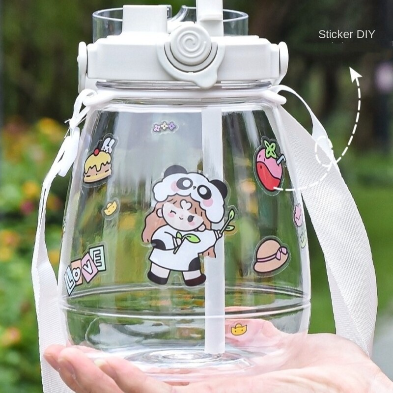 Sticlă de apă cu capacitate mare de 1300 ml, ceașcă portabilă cu apă pentru sport, cu curele, cu paie, cu burtă mare, băieți, fete