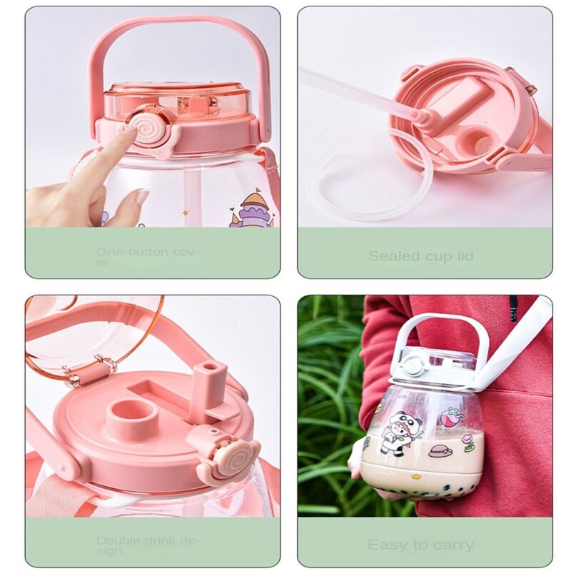 Sticlă de apă cu capacitate mare de 1300 ml, ceașcă portabilă cu apă pentru sport, cu curele, cu paie, cu burtă mare, băieți, fete