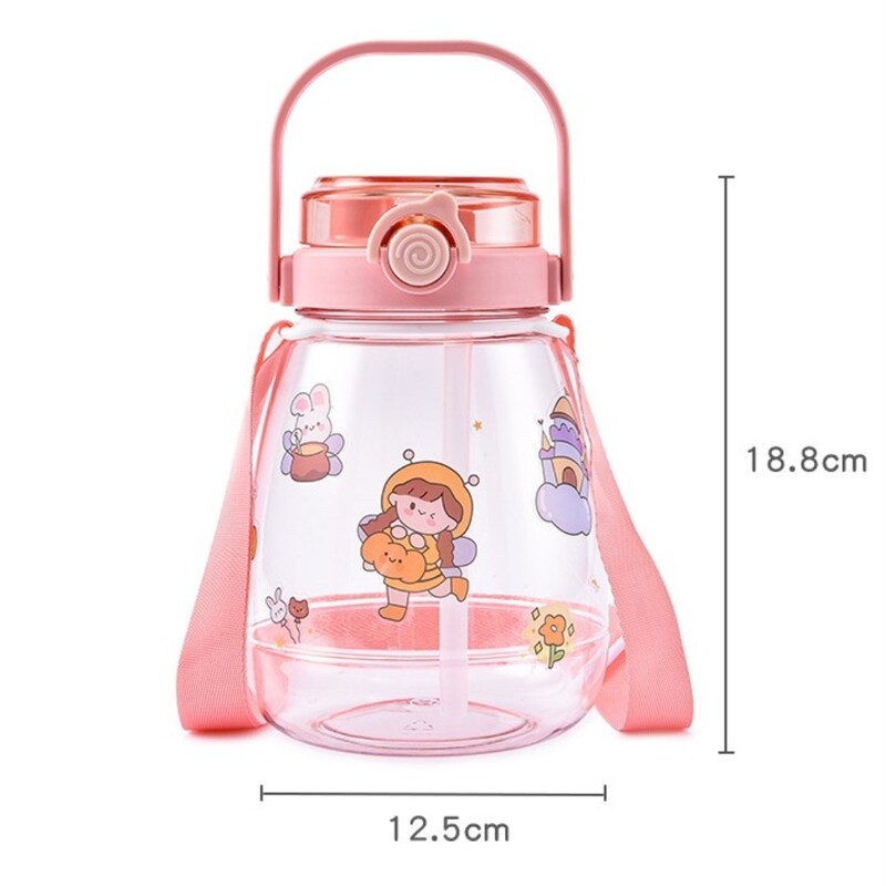 Sticlă de apă cu capacitate mare de 1300 ml, ceașcă portabilă cu apă pentru sport, cu curele, cu paie, cu burtă mare, băieți, fete