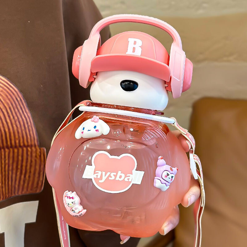 Kawaii Bear Children veepudel õlgedega, suure mahutavusega multikas plasttopsiga Tüdrukutele mõeldud kaasaskantav veekõrretops kooli jaoks