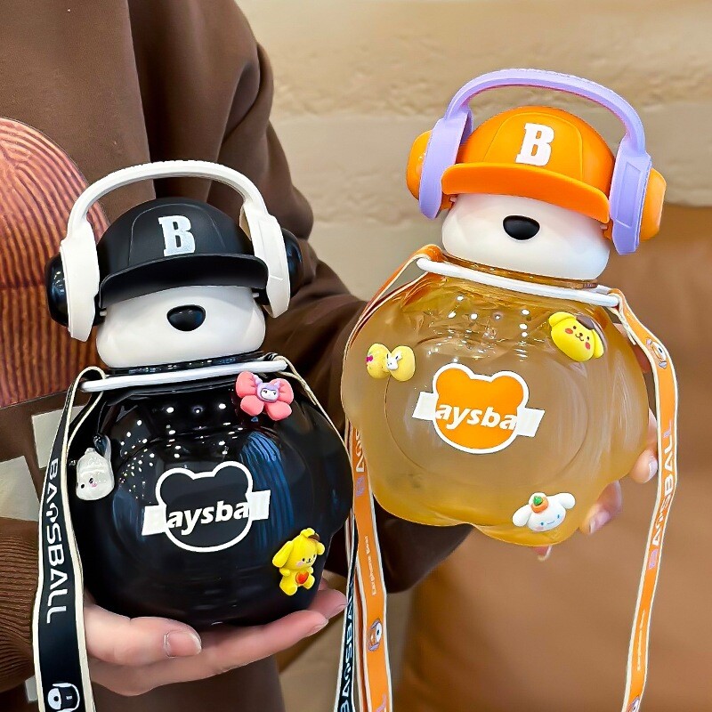 Kawaii Bear Children veepudel õlgedega, suure mahutavusega multikas plasttopsiga Tüdrukutele mõeldud kaasaskantav veekõrretops kooli jaoks