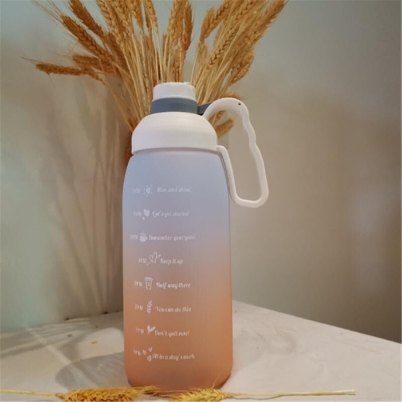 Cană de apă cu paie de mare capacitate portabilă de culoare gradient cu autocolante pentru marcator de timp Sticla de apă pentru copii pentru școală transparentă