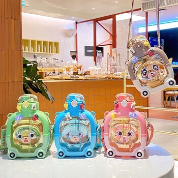 Cute Bear Plastic Cup Summer Sport Drink Bottle Cartoon Ψάθινο κούπα ταξιδιού Φορητό Kawaii Kids Tumbler 1L Μπουκάλι Νερού για Κορίτσια