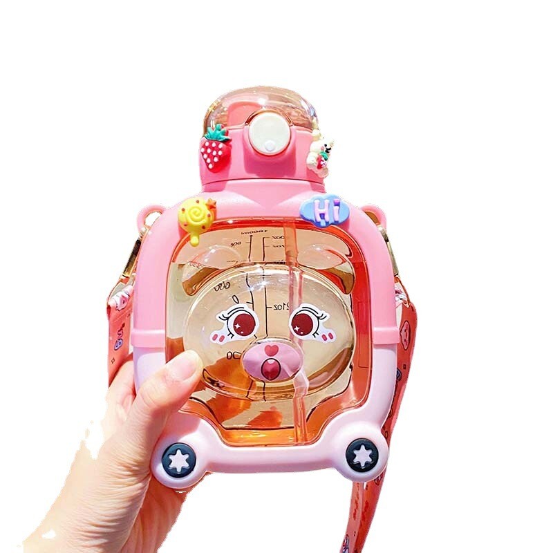 Aranyos medve műanyag pohár nyári sport italos vízforraló Rajzfilm utazási szalmabögre hordozható Kawaii gyerekpohár 1 literes vizes palack lányoknak