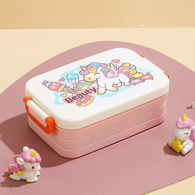 Cutie de prânz cu desene animate de 850 ml cu lingură, din plastic, rezistentă la scurgeri, cutie bento pentru cuptor cu microunde, container pentru alimente pentru studenți