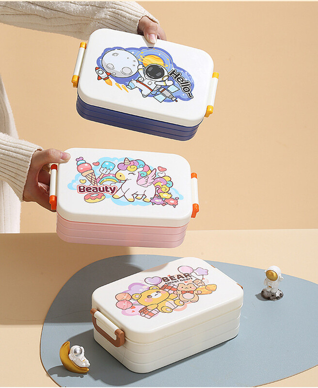 Cutie de prânz cu desene animate de 850 ml cu lingură, din plastic, rezistentă la scurgeri, cutie bento pentru cuptor cu microunde, container pentru alimente pentru studenți