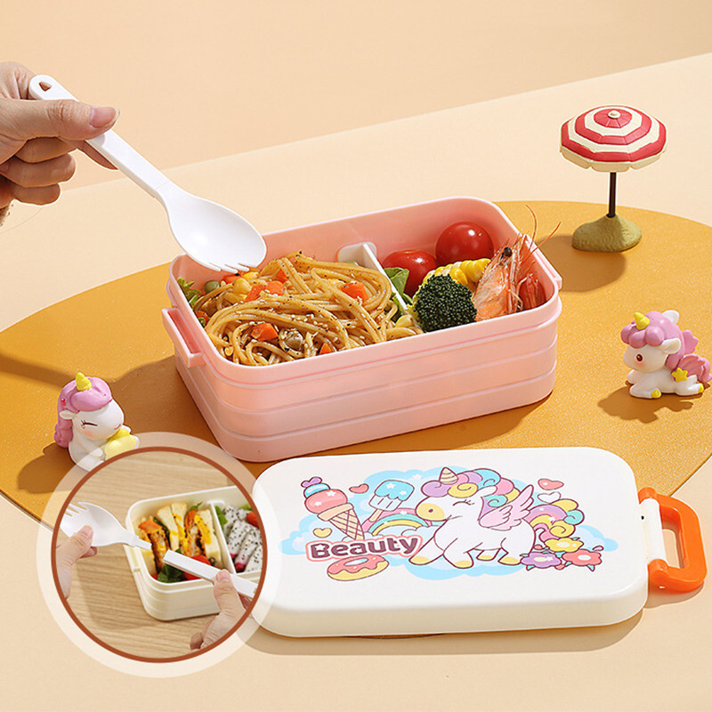 Cutie de prânz cu desene animate de 850 ml cu lingură, din plastic, rezistentă la scurgeri, cutie bento pentru cuptor cu microunde, container pentru alimente pentru studenți