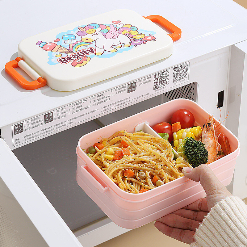 Cutie de prânz cu desene animate de 850 ml cu lingură, din plastic, rezistentă la scurgeri, cutie bento pentru cuptor cu microunde, container pentru alimente pentru studenți