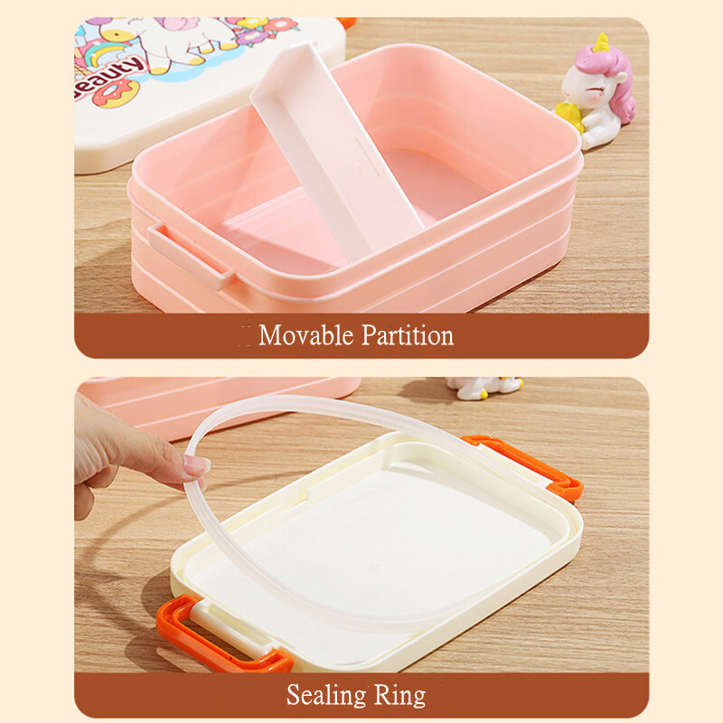 Cutie de prânz cu desene animate de 850 ml cu lingură, din plastic, rezistentă la scurgeri, cutie bento pentru cuptor cu microunde, container pentru alimente pentru studenți