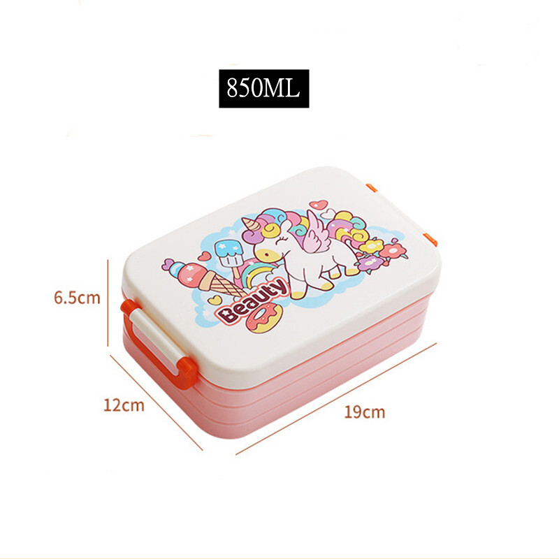 Cutie de prânz cu desene animate de 850 ml cu lingură, din plastic, rezistentă la scurgeri, cutie bento pentru cuptor cu microunde, container pentru alimente pentru studenți