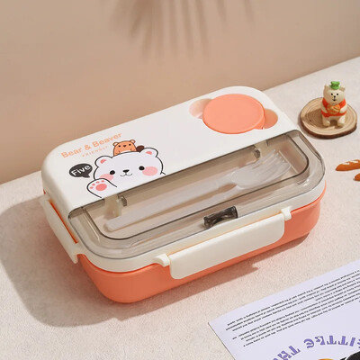 Cartoon Cute Bear 4-ruudustikuline lõunakarp koos lauanõude lõunakastiga õpilastele Kontoritöötajaid saab soojendada mikrolaineahjus