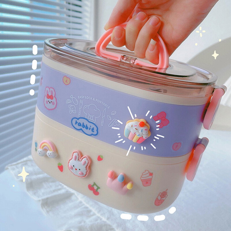 Kawaii lõunakarp tüdrukutele, naistele, armas plastikust piknik Bento Box mikrolaineahjuga kaasaskantav toidukonteiner täiskasvanutele töö lastekool