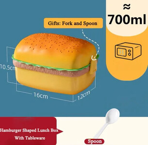 UUS Hamburgeri lõunakarp Kahetasandiline armas Burger Bento Box Mikrolaineahi laste koolitoidukonteiner Kahvel lauanõude komplekt Kingitused