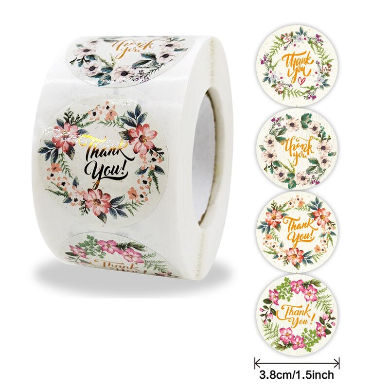 Autocolante cu flori de mulțumire 500 buc Etichete rotunde de 1,5 inci pentru ambalaje de afaceri Ambalaje de cadouri Plicuri sigiliu nunta Baby Shower Party