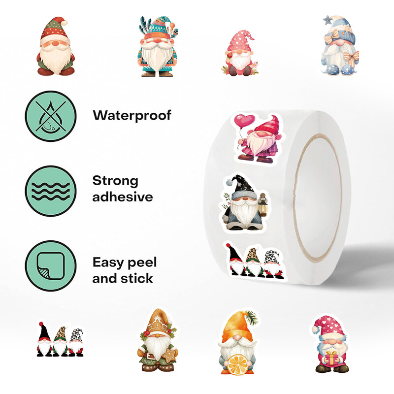 500 buc/rolă autocolante pitic gnom de Crăciun DIY PVC decalcomanie laptop decorare desene animate sigilare stiker recompensă cadou jucării