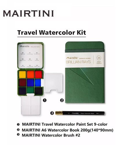 MAIRTINI Putni set akvarelnih boja 9-bojna mini prijenosna paleta Jednobojna akvarelna boja Kist za crtanje Likovni pribor