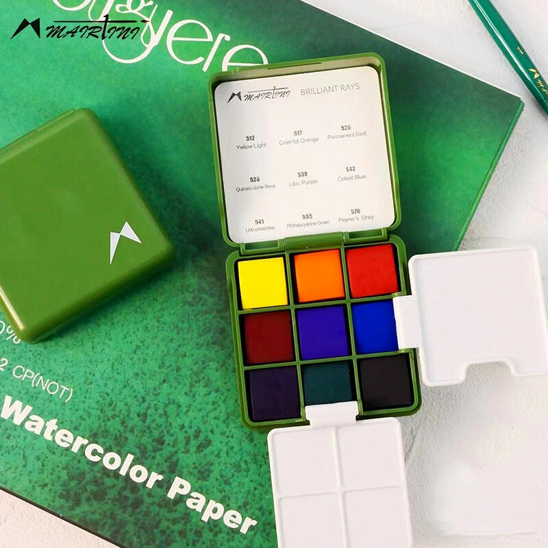 MAIRTINI kelionių akvarelinių dažų rinkinys 9 spalvų mini nešiojama paletė, vientisa akvarelinių dažų piešimo piešimo teptuko meno reikmenys