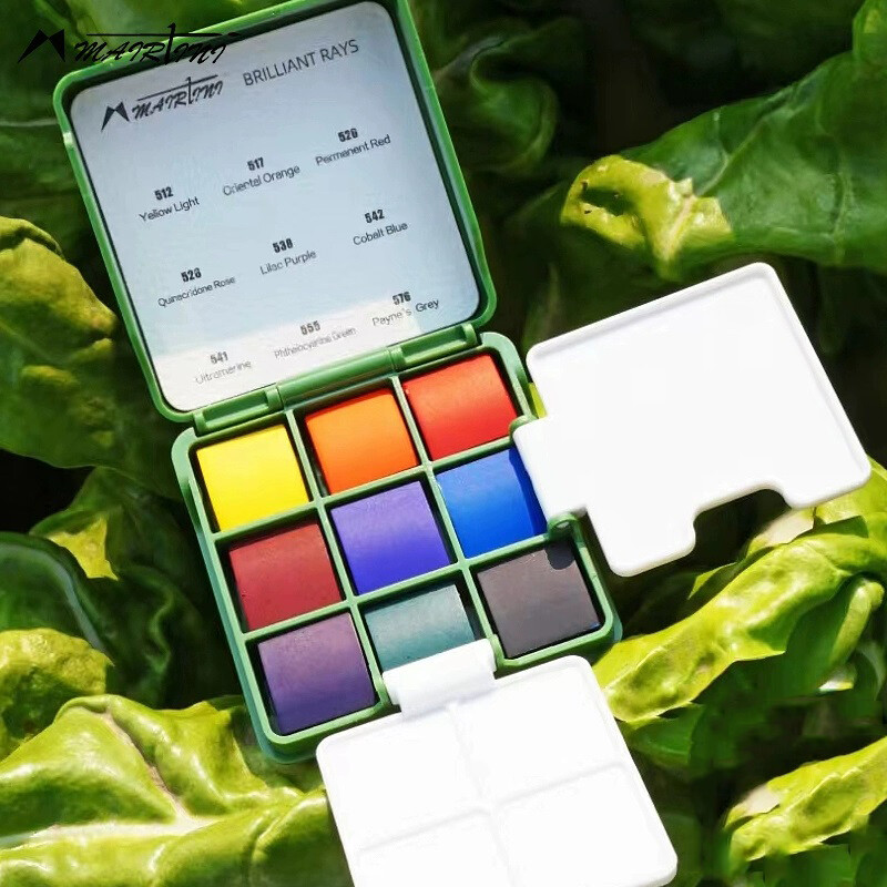 MAIRTINI kelionių akvarelinių dažų rinkinys 9 spalvų mini nešiojama paletė, vientisa akvarelinių dažų piešimo piešimo teptuko meno reikmenys