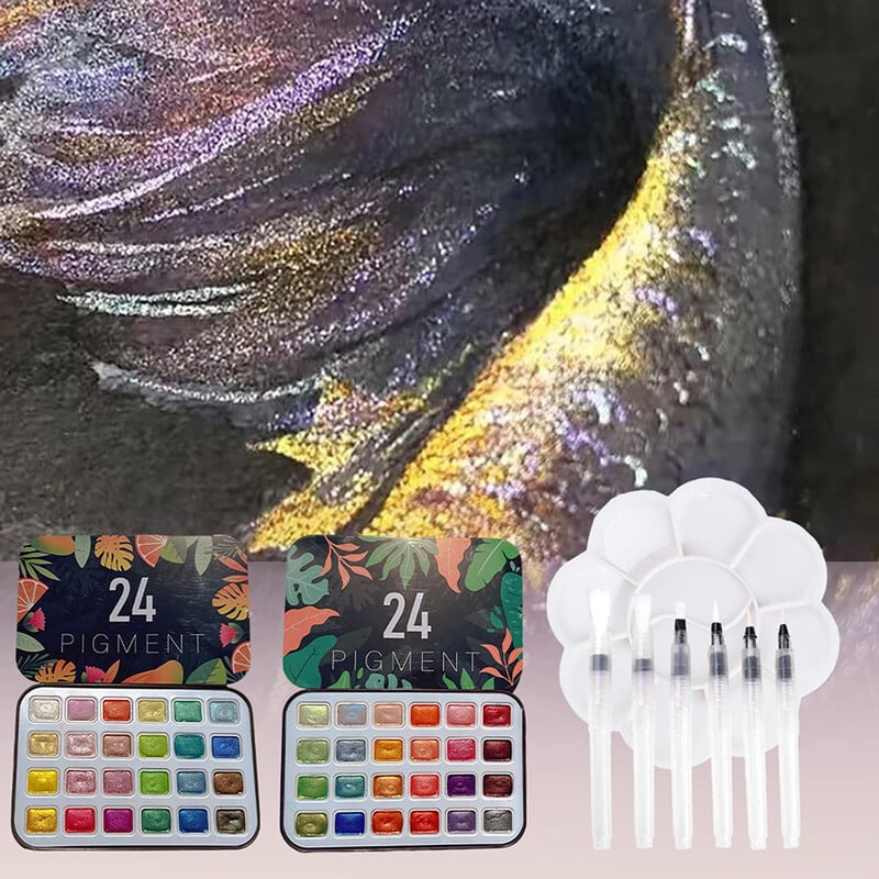 24 spalvomis blizgantis vientisas akvarelinių dažų rinkinys Žavingi blizgantys piešimo dažai Blizgantys dažantys pigmentai rinkinys, skirtas „pasidaryk pats“ nagų dailei