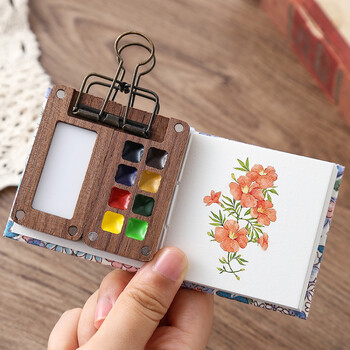 Преносим комплект акварел за пътуване Schmincke Watercolor 8 Colours Mini Walnut Paint Box Sketchbook Student Outing Art Supplies