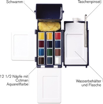 Winsor & Newton Cotman Artist Watercolour Paint Field Pocket Travel Set 12 Colours Half Pans for Outdoor Watercolor Painting