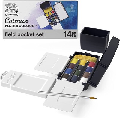 Winsor & Newton Cotman Artist Watercolour Paint Field Pocket Travel Set 12 Colours Half Pans for Outdoor Watercolor Painting