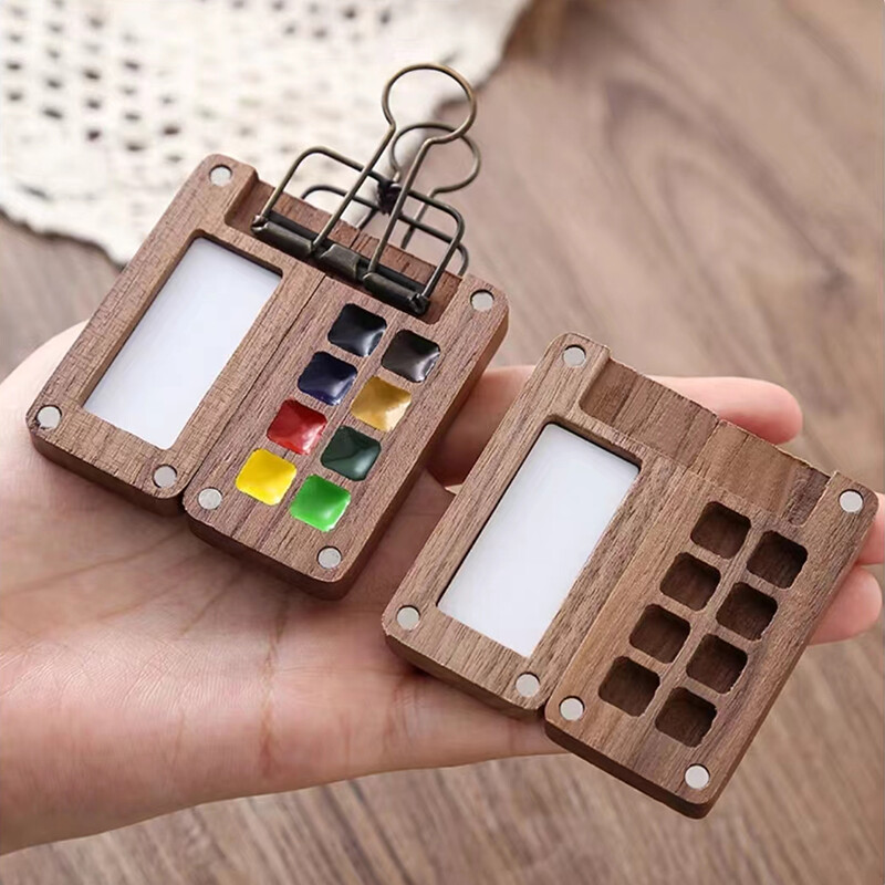 Portabil de călătorie din lemn, lucrat manual, 0,5 ml Schmincke, cutie de tavă pentru vopsea în acuarelă, paletă de nucă neagră, carte cu pensule pentru culoarea apei