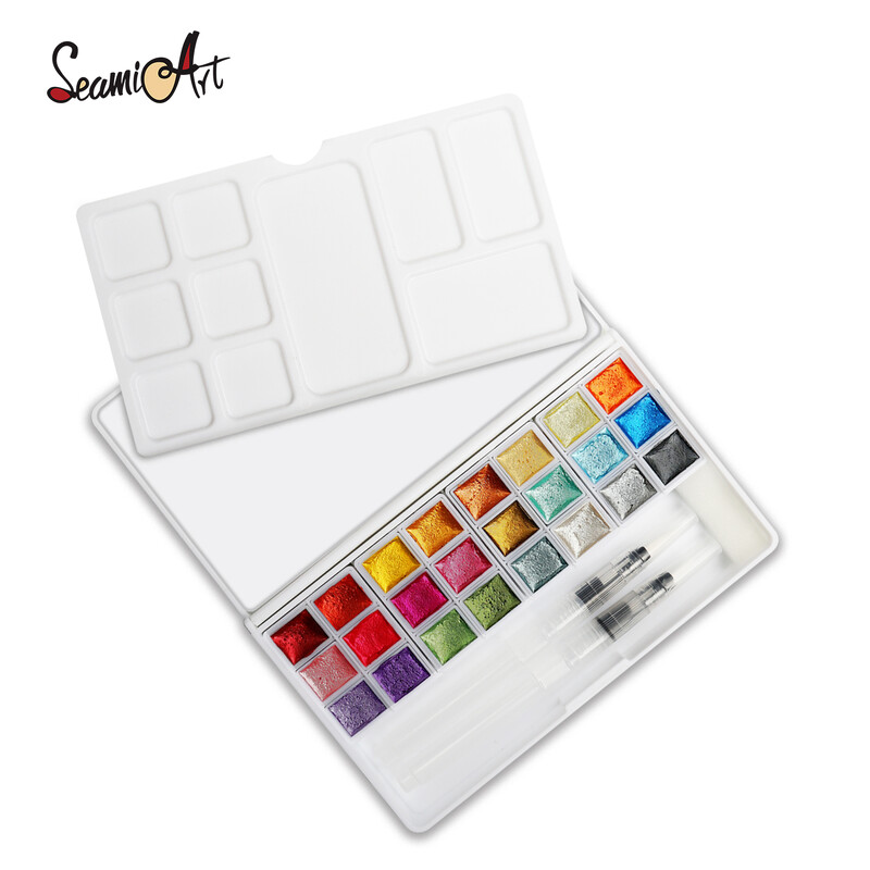 SeamiArt 24Color Glitter Metallic Watercolor Paint Box Set Artist Watercolor Pearl Pigment για προμήθειες σχεδίου