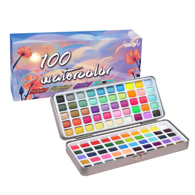 Seamiart 100 Color Solid akvarelli kinkekomplekt Akvarellpigmendid koos värvipintsliga värvimispaberid joonistamiseks ja värvitarvikud