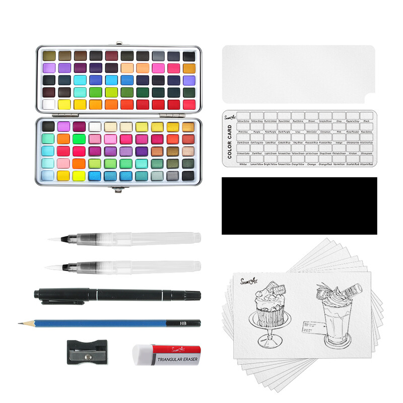 Seamiart 100 Color Solid akvarelli kinkekomplekt Akvarellpigmendid koos värvipintsliga värvimispaberid joonistamiseks ja värvitarvikud