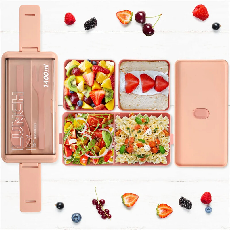 Cutie de prânz portabilă cu două straturi pentru copii cu furculiță și lingură Cutii Bento pentru cuptorul cu microunde Set de veselă Container pentru depozitarea alimentelor