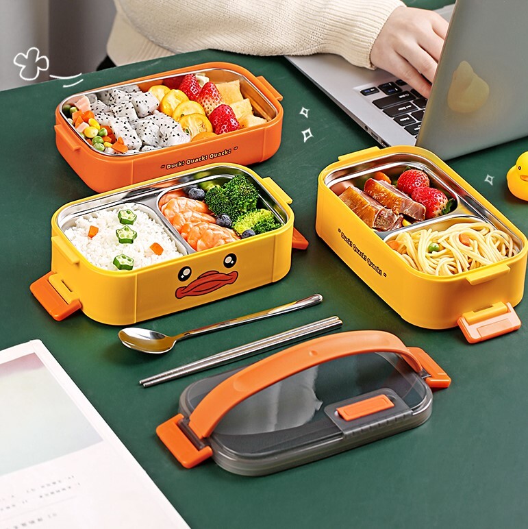 Cutie de prânz cu izolație multistrat, cu rață galbenă din oțel inoxidabil 304 Bento, pentru copii, adulți, recipient portabil pentru alimente rezistente la scurgeri