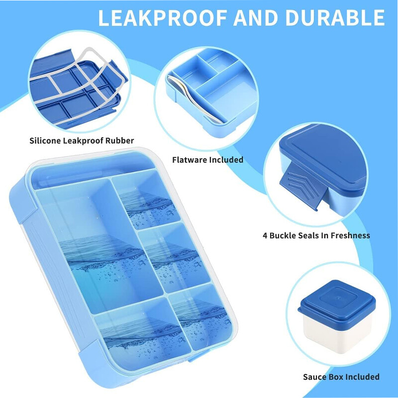 Cutie Bento portabilă cu furculiță și lingură Studenți, birou, școală, cuptor cu microunde, cutie de prânz, recipient pentru depozitarea alimentelor de 1300 ml cu cutie de sos