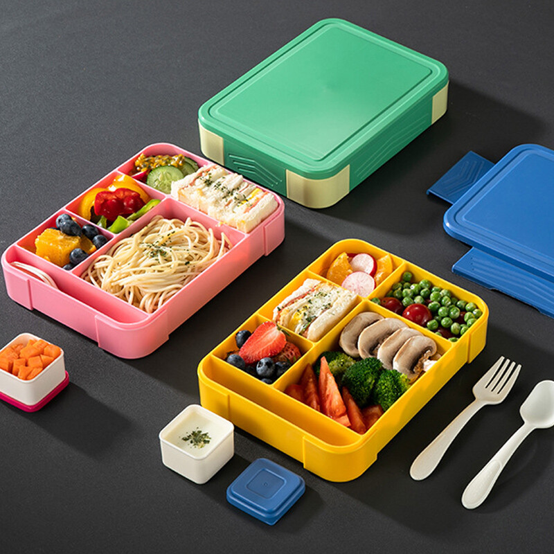 Cutie Bento portabilă cu furculiță și lingură Studenți, birou, școală, cuptor cu microunde, cutie de prânz, recipient pentru depozitarea alimentelor de 1300 ml cu cutie de sos