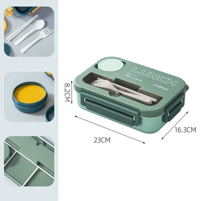1300ML 4Grids Bento Box with Tabieware Microwavabie Безопасен, устойчив на течове контейнер за храна за обяд за ученици Училищен офис