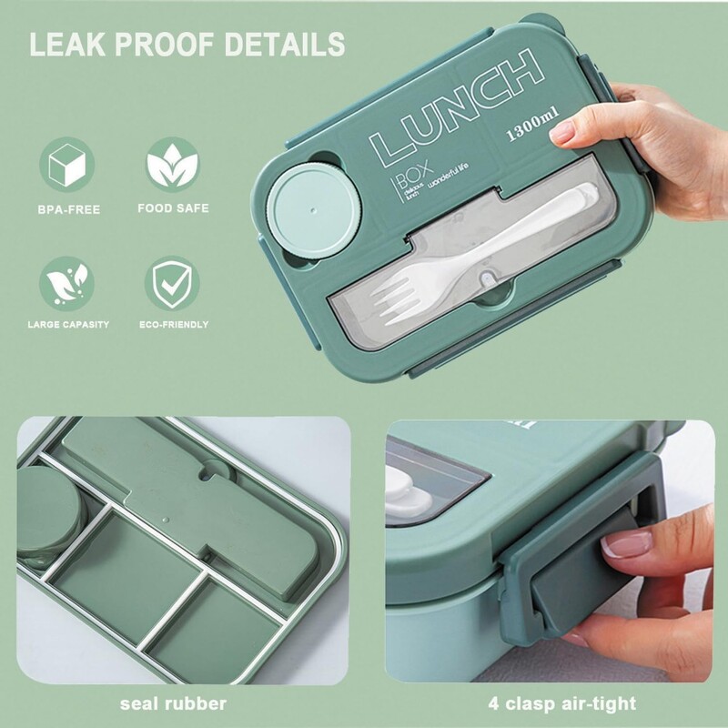 1300ML 4Grids Bento Box with Tabieware Microwavabie Безопасен, устойчив на течове контейнер за храна за обяд за ученици Училищен офис
