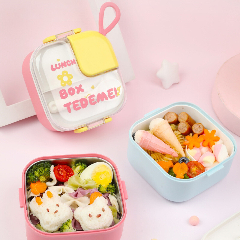 Cutie de prânz drăguță cu desene animate pentru copii Cutie Bento din oțel inoxidabil cu vesela pentru copii Container portabil pentru depozitarea alimentelor pentru școală de picnic