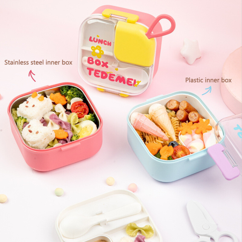 Cutie de prânz drăguță cu desene animate pentru copii Cutie Bento din oțel inoxidabil cu vesela pentru copii Container portabil pentru depozitarea alimentelor pentru școală de picnic