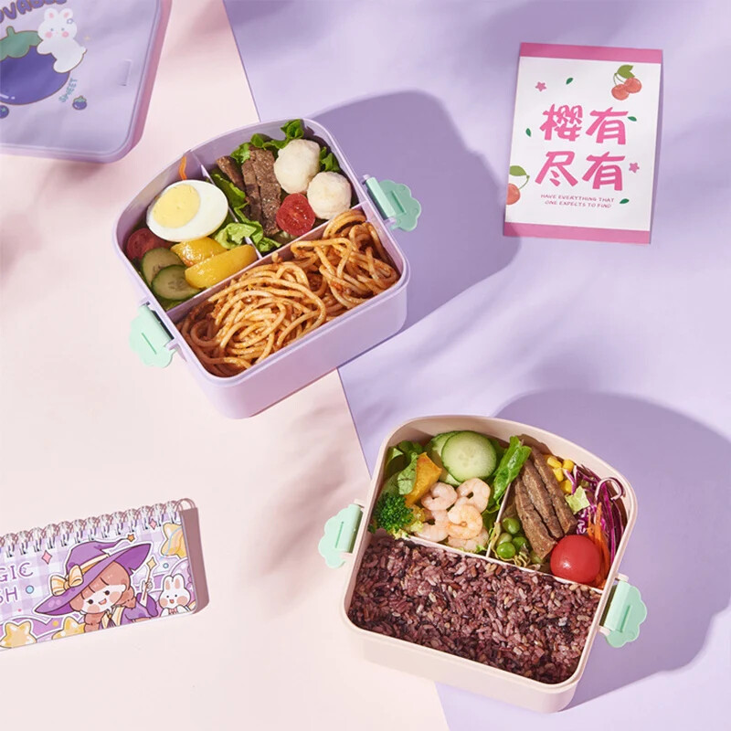 Kawaii Cartoon Bento Box lastele 3 sektsiooniga puuviljade toidukonteiner tüdrukutele poistele kaasaskantav lõunakarp koos lusikakahvliga