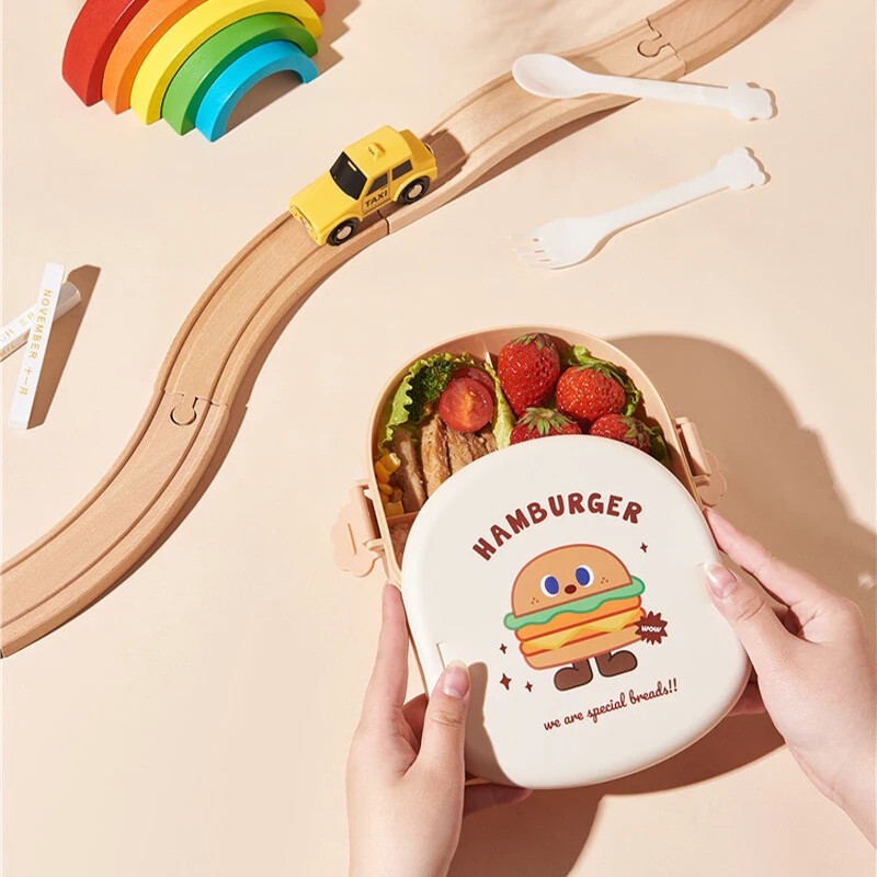 Kawaii Cartoon Bento Box lastele 3 sektsiooniga puuviljade toidukonteiner tüdrukutele poistele kaasaskantav lõunakarp koos lusikakahvliga