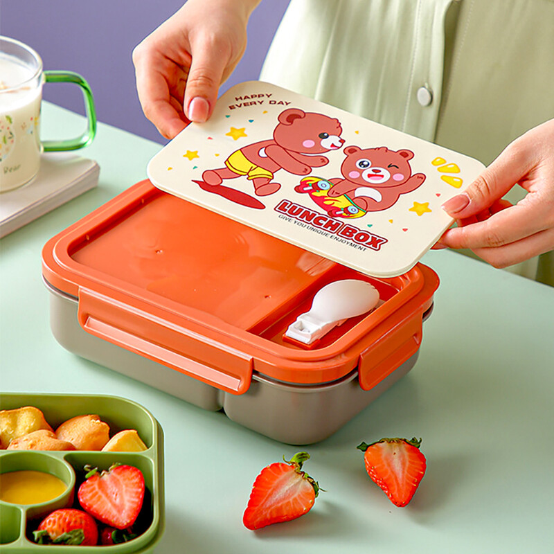 Cutie de prânz bento pentru copii cu desene animate, cu 4 compartimente, recipient pentru sos, cutie de prânz pentru cuptor cu microunde, cutie bento etanșă pentru școală