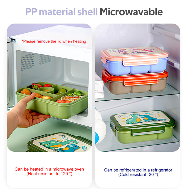 Cutie de prânz bento pentru copii cu desene animate, cu 4 compartimente, recipient pentru sos, cutie de prânz pentru cuptor cu microunde, cutie bento etanșă pentru școală