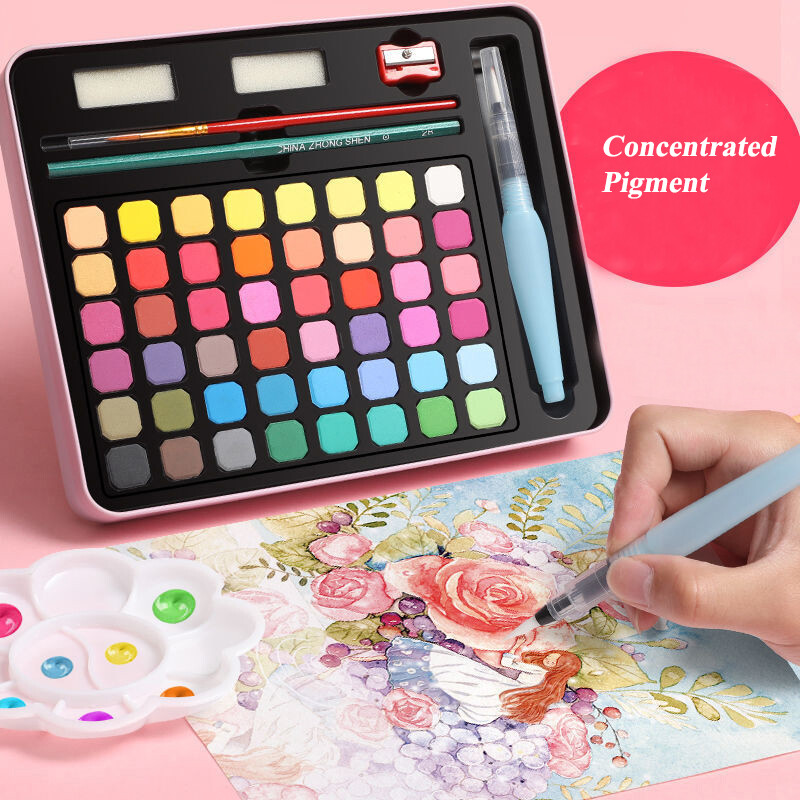 Vientisa 48 spalvų akvarelė su teptuku ir popieriumi Acuarelas Pigmento tapybos rinkinys su pigmentacija Vaikams Menininkams Mokykliniai meno reikmenys