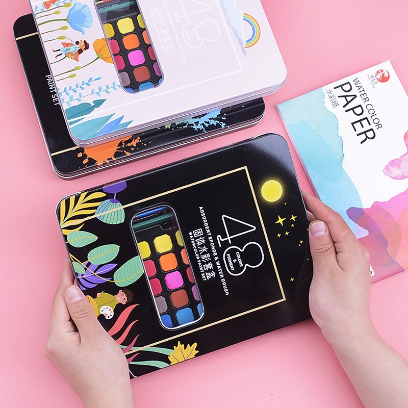 Vientisa 48 spalvų akvarelė su teptuku ir popieriumi Acuarelas Pigmento tapybos rinkinys su pigmentacija Vaikams Menininkams Mokykliniai meno reikmenys