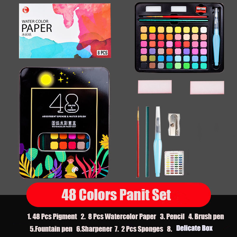 Vientisa 48 spalvų akvarelė su teptuku ir popieriumi Acuarelas Pigmento tapybos rinkinys su pigmentacija Vaikams Menininkams Mokykliniai meno reikmenys