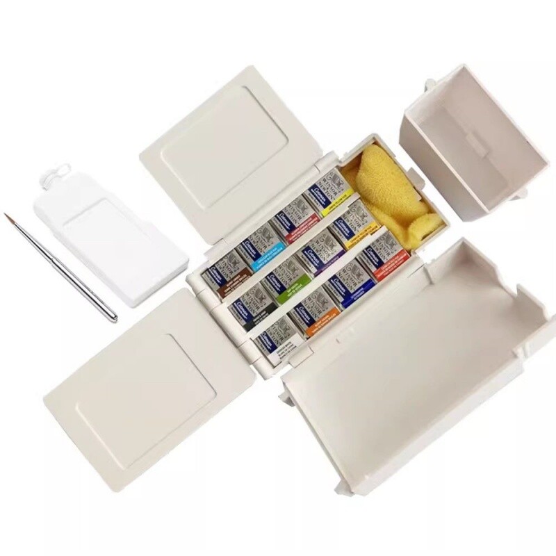 „Winsor & Newton Cotman Artist“ akvarelės dažų lauko kišeninis kelioninis rinkinys 12 spalvų pusiau padėkliukai, skirti piešti akvarele lauke