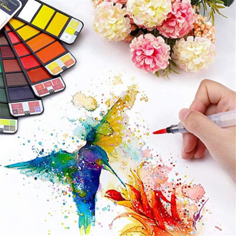 Set de vopsea acuarelă solidă portabil, 18/25/33/42 de culori, Acuarelas, cu stilou cu perie de apă, pliabil, de călătorie, desen de pigment pentru culoarea apei