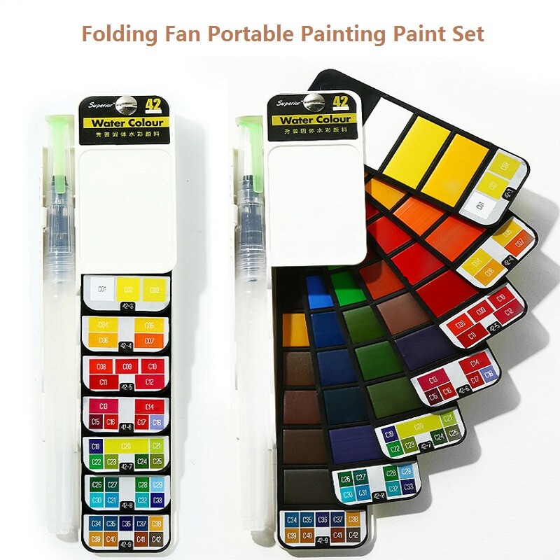 Set de vopsea acuarelă solidă portabil, 18/25/33/42 de culori, Acuarelas, cu stilou cu perie de apă, pliabil, de călătorie, desen de pigment pentru culoarea apei