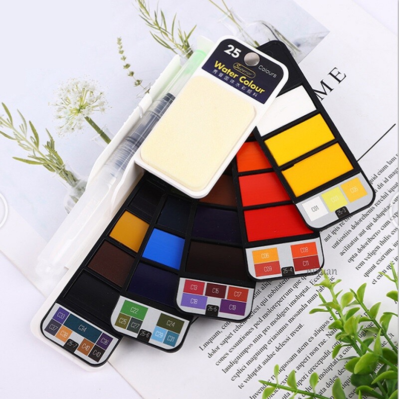 Set de vopsea acuarelă solidă portabil, 18/25/33/42 de culori, Acuarelas, cu stilou cu perie de apă, pliabil, de călătorie, desen de pigment pentru culoarea apei
